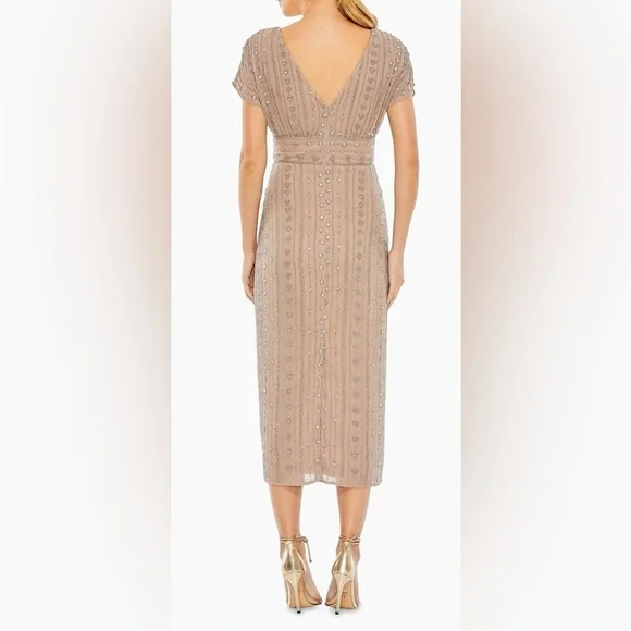 *Flawed Mac Duggal 93649 NWT Beige Embellished Midi Dress - Picture 2 of 6